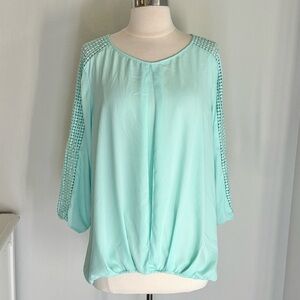 Chiffon Center Pleat Elasticized Hem Crochet Sleeve Blouse in Aqua, XL
